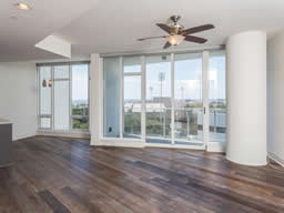 The balcony faces south, overlooking the city and Bay